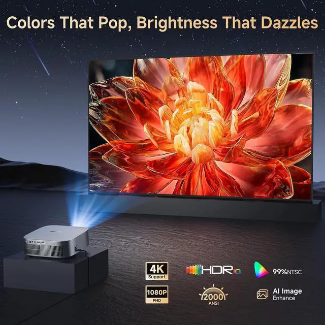 Alt view image 4 of 7 - Short Throw Projector 4K with WiFi and Bluetooth,2000ANSI Auto Focus Keystone Smart Projector Built in Apps Dolby Audio Home Theater Movie Portable Outdoor Projector Ceiling Gunmetal
