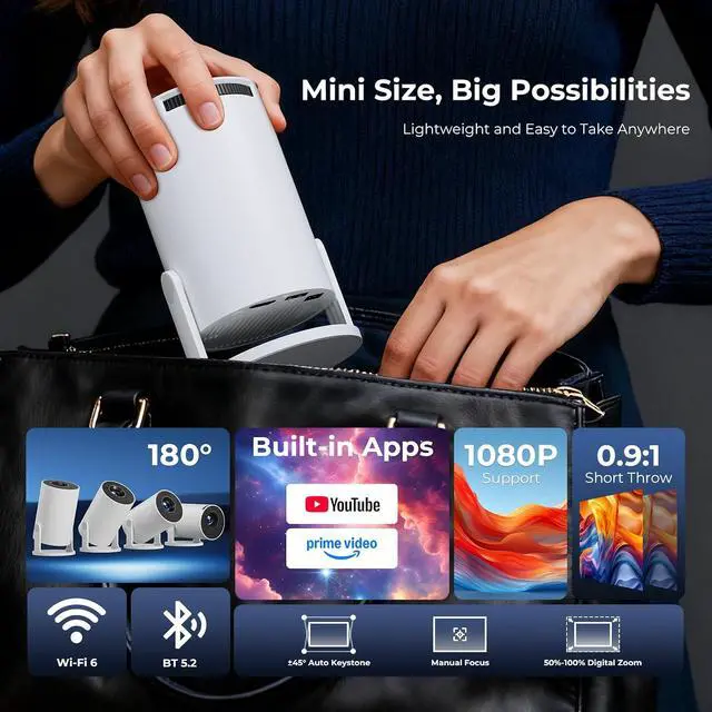 Alt view image 7 of 7 - CLOKOWE Mini Projector with Apps, 1080P WiFi Auto Keystone, 180° Rotation