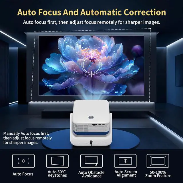 Alt view image 4 of 7 - D3 Smart Movie Projectors with WiFi and Bluetooth, 1500 Lumens Supports 4K (Native 1080P ),Mini Portable Projector for Home Cinema ,Auto Focus & Keystone.(White)