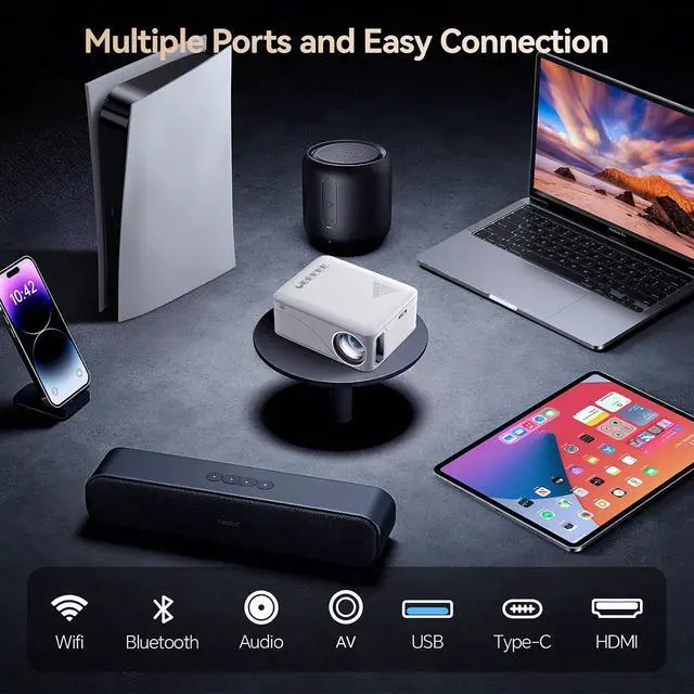 Alt view image 5 of 7 - Mini Projector, Nasin VF330WF WiFi 6 and Bluetooth 5.4, 1080P FHD 4K Support Portable Video Projector, 300'' Screen, Outdoor Movie Projector for Phone, Laptop, TV Stick, Home, Camping, Family Night