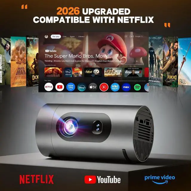 Alt view image 4 of 6 - Smart Projector with WiFi and Bluetooth,Mini Projector Supports 4K 1080P,Portable Movie Projectors Built-in Apps, Compatible with HDMI/USB/Smartphone/TV Box/Laptop (2026)