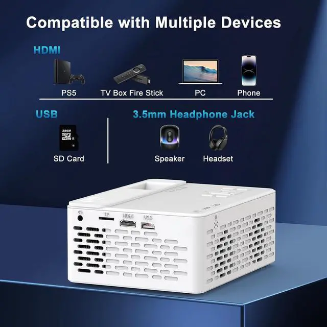 Alt view image 6 of 7 - Home Projector with Screen Included, Portable Movie Projector, Compatible with Smartphone/TV Stick/Laptop/HDMI/USB, For Home Theater, Outdoor Movie, Gaming, Camping