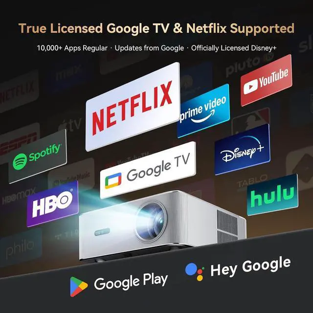 Alt view image 2 of 7 - Official Licensed Google TV 4K Projector with WiFi and Bluetooth, Smart Movie Projector with Auto Focus HDR10, 200" Display Home Theater, Proyector Compatible with Phone&PC, Indoor&Outdoor Use