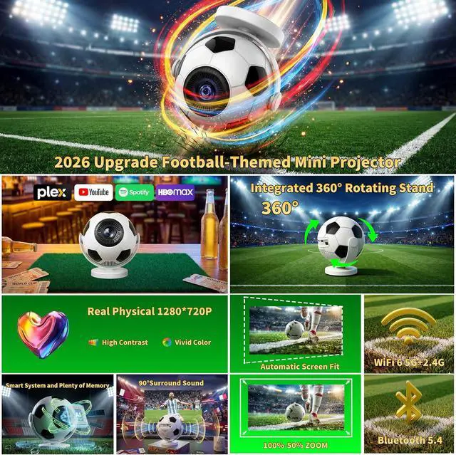 Alt view image 3 of 7 - Mini Projector 4K 1280P, 2026 Upgraded Football Style Projector with WiFi 6 and Bluetooth 5.4, Auto Keystone Correction 360° Rotatable Portable Projector Compatible with HDMI/TV Stick/Laptop/USB,White