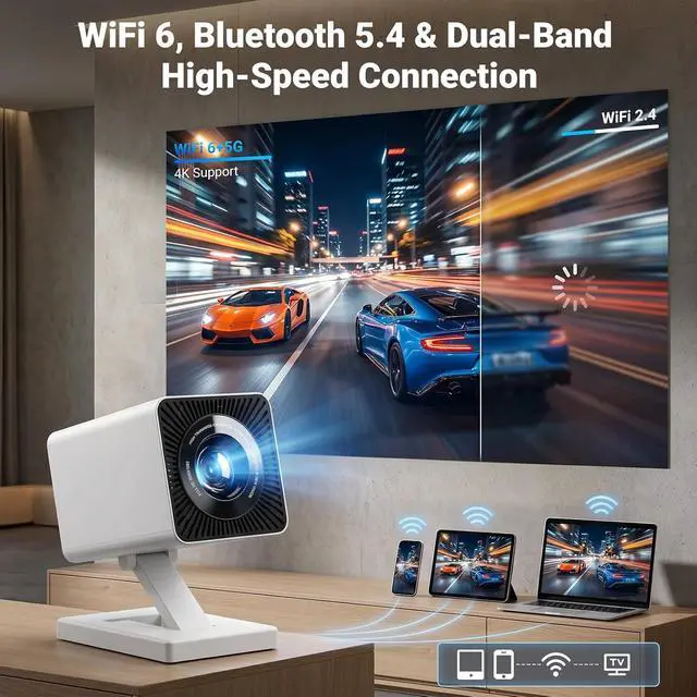 Alt view image 7 of 7 - FEARWIKY Mini Projector with 4k 1080P, Portable Projector with Wifi6 and Bluetooth5.4, 360°Rotation, Automatic Keystone Correction, Smart Movie Proyector for Home Outdoor(White)