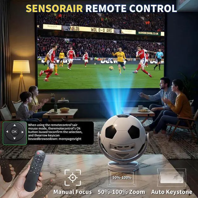 Alt view image 5 of 7 - Mini Projector 4K 1280P, 2026 Upgraded Football Style Projector with WiFi 6 and Bluetooth 5.4, Auto Keystone Correction 360° Rotatable Portable Projector Compatible with HDMI/TV Stick/Laptop/USB,White