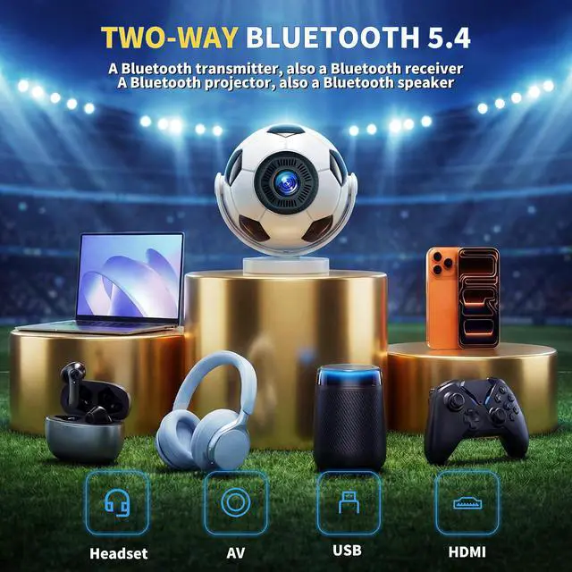 Alt view image 6 of 7 - Mini Projector 4K 1280P, 2026 Upgraded Football Style Projector with WiFi 6 and Bluetooth 5.4, Auto Keystone Correction 360° Rotatable Portable Projector Compatible with HDMI/TV Stick/Laptop/USB,White
