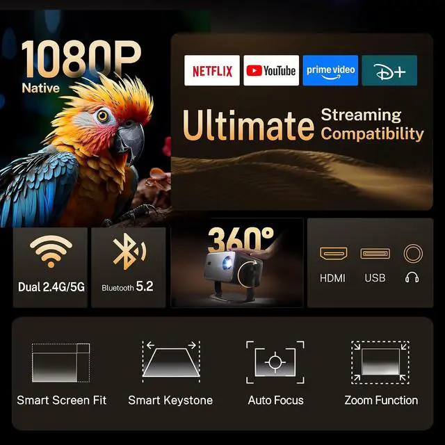 Alt view image 4 of 7 - Smart Projector with Netflix, Officially Licensed Apps & Native 1080P X6Pro