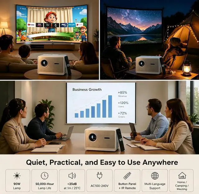 Alt view image 7 of 7 - Maypug Outdoor-Projector-4K with WIFI and Bluetooth-35000 Lumens Brightness/Built-in APPs,3 Years Protection, Short Throw Movie Projector for Home Theater Bedroom Ceiling