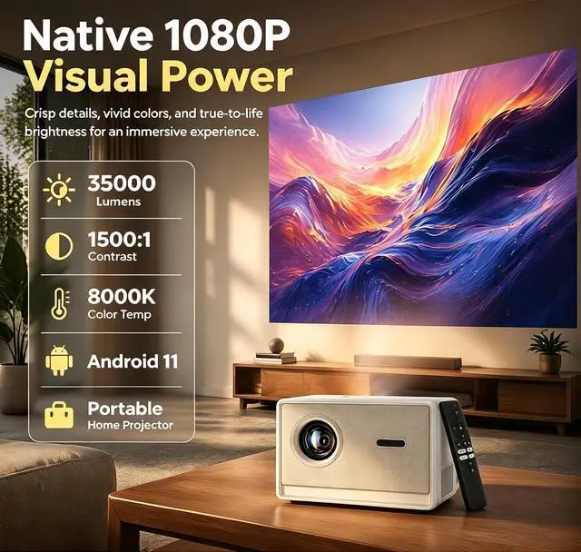Alt view image 2 of 7 - Maypug Outdoor-Projector-4K with WIFI and Bluetooth-35000 Lumens Brightness/Built-in APPs,3 Years Protection, Short Throw Movie Projector for Home Theater Bedroom Ceiling