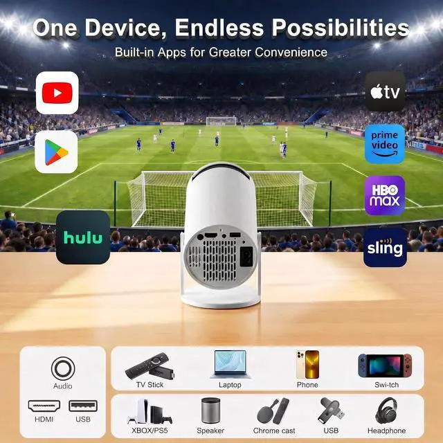 Alt view image 2 of 7 - Portable Projector with 5W Audio Speaker,4K Support,180 Degree Rotation,Wi-Fi 6 and Bluetooth, Auto Vertical Keystone Compatible with HDMI/TV Stick/iPhone/Laptop(white-02)