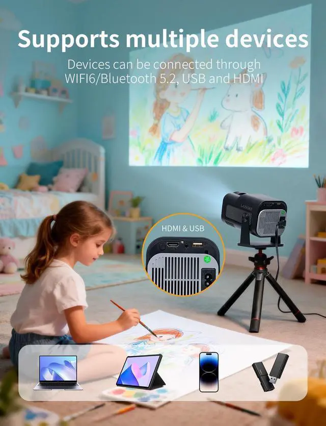 Alt view image 6 of 7 - HY520 Art Projector for Drawing Tracing, 720P Portable Smart Projector for Artists Adults, Image Projector for Canvas Painting, 200 ANSI Lumens with WiFi and Bluetooth