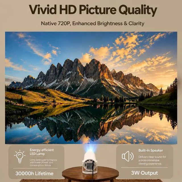 Alt view image 2 of 7 - Mini Projector WiFi 6 Bluetooth 5.4 Built-in Apps, 4K Portable Projector, 180° Rotation Built-in Speaker, Auto Vertical Keystone Correction, Smart Indoor and Outdoor Projector