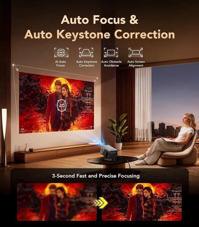 Alt view image 5 of 7 - X7 4K Smart Projector with WIFI 6 and Bluetooth, Support 800 ANSI, Android 14, Auto Focus Auto Keystone, Screen Recognition Obstacle Avoidance, 230° Rotatable Outdoor Projector for Bedroom office Camp