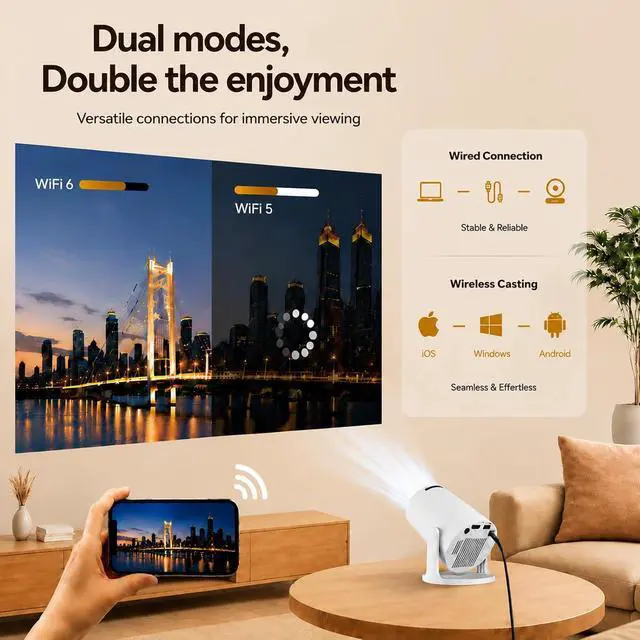 Alt view image 3 of 7 - Mini Projector WiFi 6 Bluetooth 5.4 Built-in Apps, 4K Portable Projector, 180° Rotation Built-in Speaker, Auto Vertical Keystone Correction, Smart Indoor and Outdoor Projector
