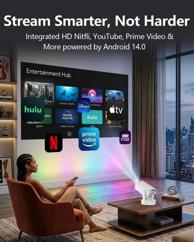 Alt view image 3 of 7 - HY300 PRO Projector with Android 11, 4K Support 1080P Full HD, 160 ANSI Smart Projector, WiFi 6 & Bluetooth 5.4, 210° Rotation, Auto Keystone & Motorized Focus, Portable Projector for Outdoor/Home