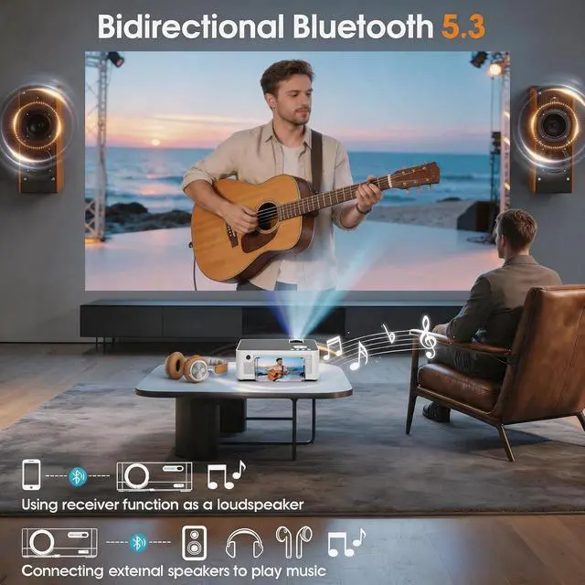 Alt view image 5 of 7 - 2026 Projector with WiFi and Bluetooth, Wireless Portable Movie Projector, 1080P 150" Display Home Theater, HDMI/AV & Carrying Bag Included, Compatible with Phone/Laptop White (Q9)