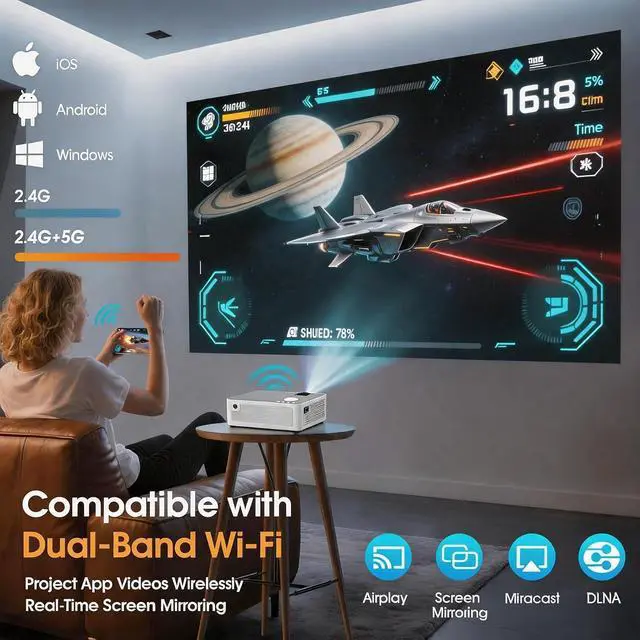 Alt view image 3 of 7 - 2026 Projector with WiFi and Bluetooth, Wireless Portable Movie Projector, 1080P 150" Display Home Theater, HDMI/AV & Carrying Bag Included, Compatible with Phone/Laptop White (Q9)