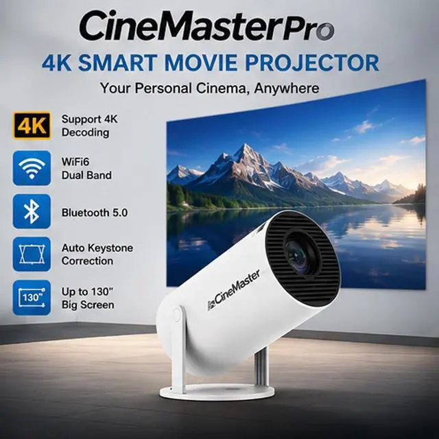 Alt view image 2 of 7 - Cinemaster Pro 4k Smart Movie Projector with WiFi and Bluetooth, 4000+ Apps, Auto Keystone, Mini 210° Smart with Extra Large-Screen Display (Projector1)