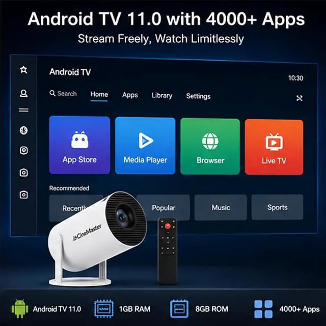 Alt view image 3 of 7 - Cinemaster Pro 4k Smart Movie Projector with WiFi and Bluetooth, 4000+ Apps, Auto Keystone, Mini 210° Smart with Extra Large-Screen Display (Projector1)