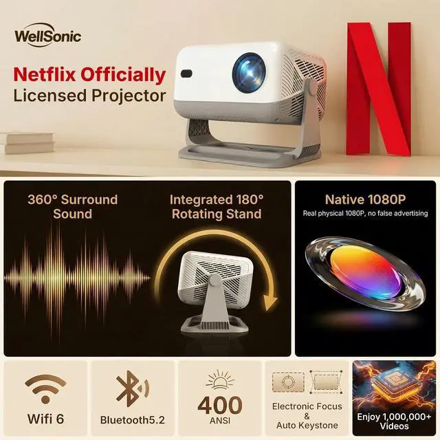 Alt view image 2 of 7 - Compatible with Netflix &Dolby AudioWellSonic Smart Projector with Wifi and Bluetooth, 400Ansi & Native 1080p Portable Projector, Auto Focus&Support 4k, 180°Rotatable, Moive Proyector