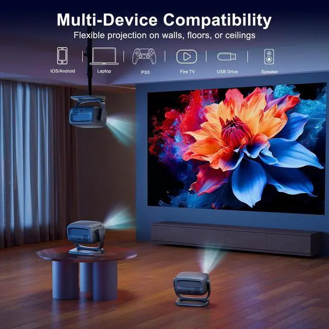 Alt view image 2 of 7 - 4K Smart Portable Projector with 5G WiFi,Bluetooth 5.2,600 ANSI Projector with Built in App,1080P Outdoor Movie Projector with 4P4D Correction,Rotatable 180°,Max 220" Compatible with iPhone/Android/TV