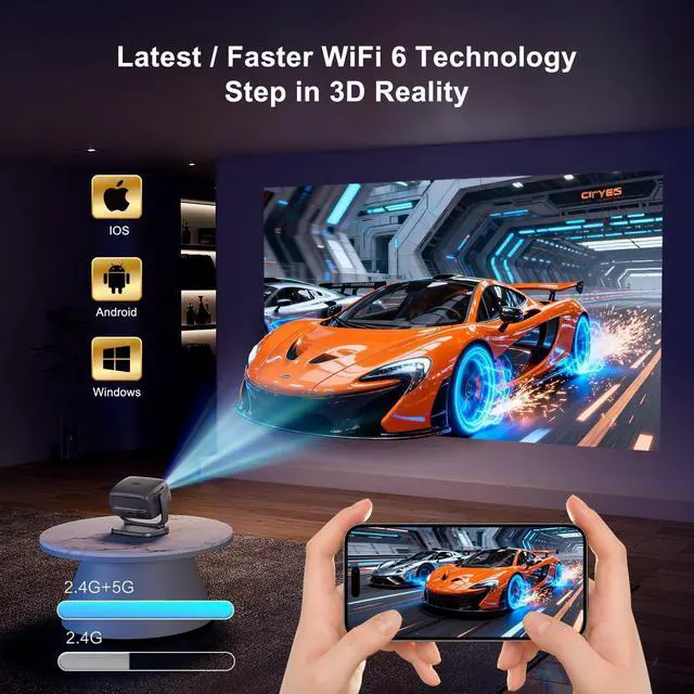 Alt view image 6 of 7 - 4K Smart Portable Projector with 5G WiFi,Bluetooth 5.2,600 ANSI Projector with Built in App,1080P Outdoor Movie Projector with 4P4D Correction,Rotatable 180°,Max 220" Compatible with iPhone/Android/TV