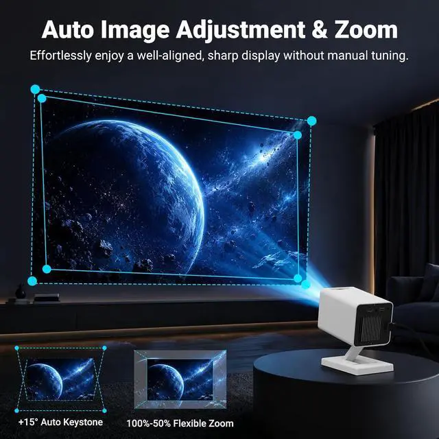 Alt view image 5 of 7 - FEARWIKY Mini Projector with 4k 1080P, Portable Projector with Wifi6 and Bluetooth5.4, 360°Rotation, Automatic Keystone Correction, Smart Movie Proyector for Home Outdoor(White)
