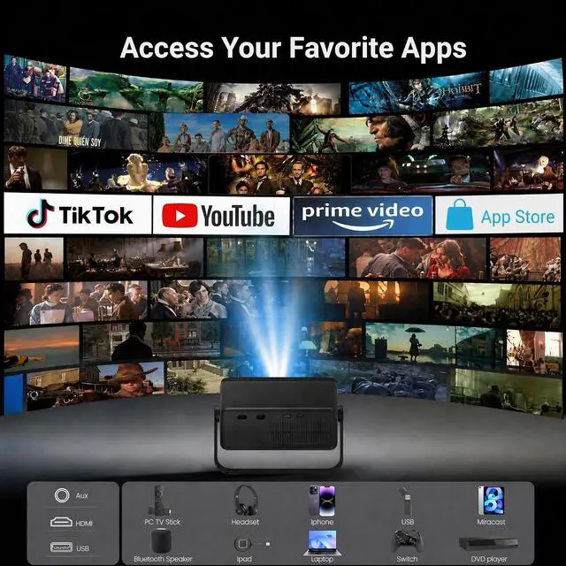 Alt view image 2 of 7 - Smart Projector with WiFi and Bluetooth, Built-in Streaming Apps, Native 1080P, 4K Support, Auto Focus & Keystone, 210° Rotation, Movie Projector for Outdoor Bedroom Home Office