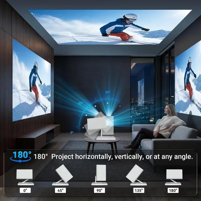 Alt view image 4 of 7 - FEARWIKY Mini Projector with 4k 1080P, Portable Projector with Wifi6 and Bluetooth5.4, 360°Rotation, Automatic Keystone Correction, Smart Movie Proyector for Home Outdoor(White)
