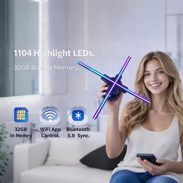 Alt view image 6 of 7 - 22-Inch 3D Hologram Fan With 1104 LED Beads And 32GB Memory, WiFi App Controlled Hologram Projector With Bluetooth 5.0, HD LED Holographic Advertising Display For Storefront