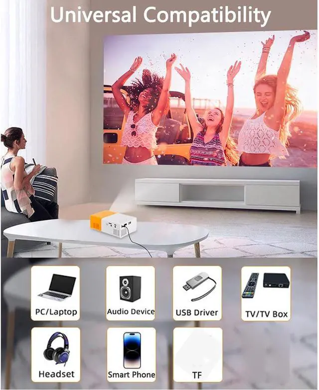 Alt view image 7 of 7 - Mini Projector, 1080P Full HD Video Projector, Portable Outdoor Home Theater Movie Projector, Hifi Stereo Speakers, HDMI, USB, AV, Smartphone Tablet TV Sticks (US