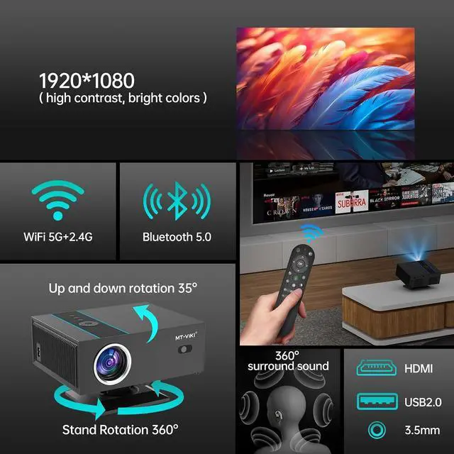 Alt view image 3 of 7 - MT-VIKI 4K Smart Projector Home Theater Supports 18000 Lumens Auto Focus/Auto Keystone Correction Projector Full HD 1080P Resolution With 360° Rotatable Stand