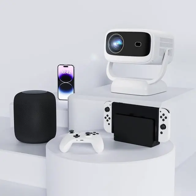 Alt view image 6 of 6 - Portable WiFi Bluetooth Projector, 4K Support Smart Mini Projector with Rotatable Stand, 1080P FHD Home Cinema Projector for Movie Film, Work with Smartphone/TV Stick/Laptop PC