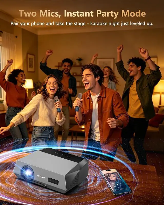 Alt view image 2 of 7 - Smart Daytime 4K Projector HDR 2300ANSI with WiFi, Bluetooth, NFC, Apps, Auto Focus/Keystone,Ultra HD 1080P Movie Gaming Karaoke Projector with 2 HDMI ARC, 2 USB, 2 Mics for Home Theater Party TV Golf