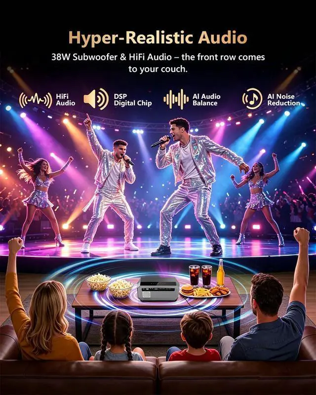 Alt view image 7 of 7 - Smart Daytime 4K Projector HDR 2300ANSI with WiFi, Bluetooth, NFC, Apps, Auto Focus/Keystone,Ultra HD 1080P Movie Gaming Karaoke Projector with 2 HDMI ARC, 2 USB, 2 Mics for Home Theater Party TV Golf