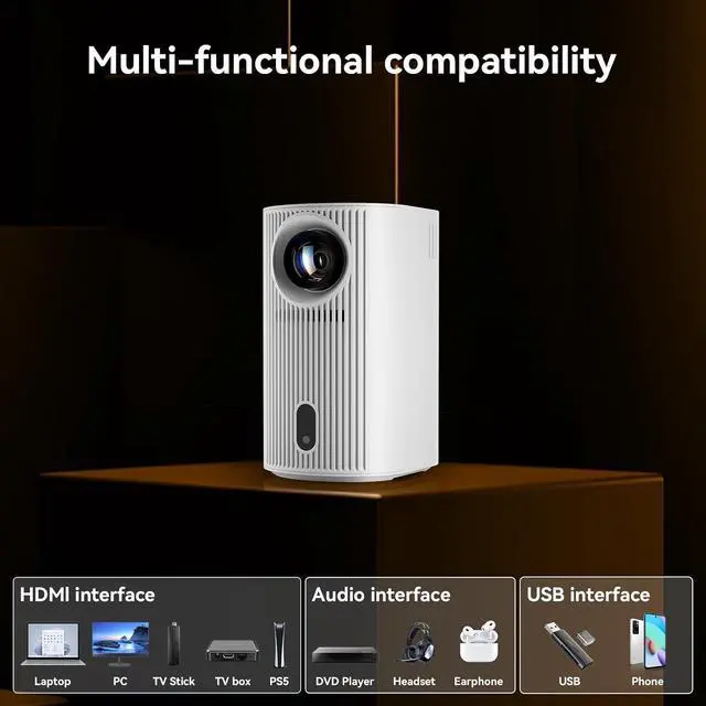 Alt view image 7 of 7 - Mini Projector, 4K Supported Smart Video Projector, 200 ANSI Lumen, WiFi 6 & Bluetooth 5.4, Auto Vertical Keystone Correction, 1920*1080P, 200'' Screen Home & Movie Projector for Bedroom, Outdoor