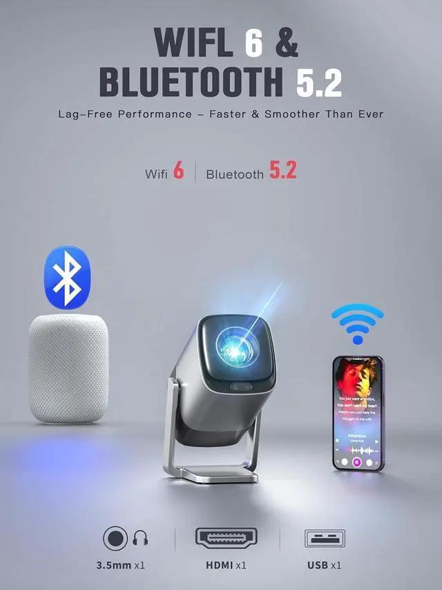 Alt view image 3 of 7 - Mini Smart Projector with WiFi and Bluetooth for Home Cinema Silver 4K Support Dolby Audio Real-time Focus 210 Rotatable Stand