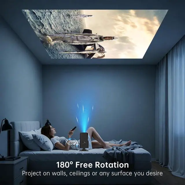 Alt view image 5 of 6 - 4K Projector with WiFi and Bluetooth Portable Movie projector, Auto Keystone 180°Rotation Ceiling Projector for Bedroom, Compatible With HDMI/USB/TV Stick/Smartphone/Laptop