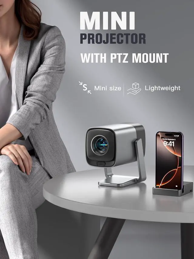 Alt view image 4 of 7 - Mini Smart Projector with WiFi and Bluetooth for Home Cinema Silver 4K Support Dolby Audio Real-time Focus 210 Rotatable Stand