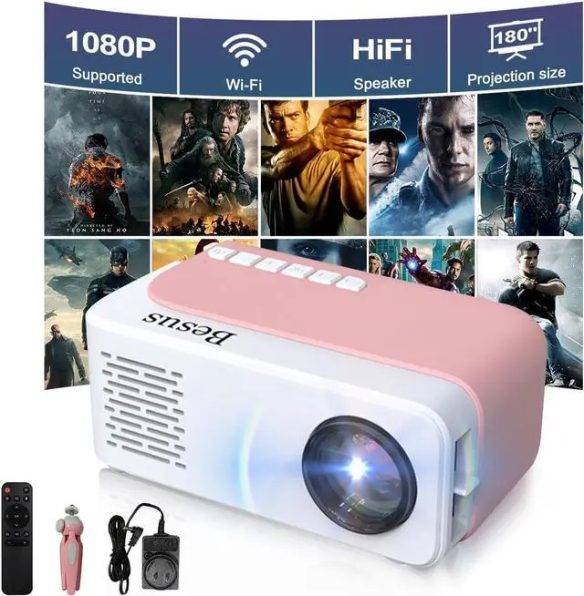 Main image of Mini Projector, HD 1080P WiFi Video Projector, Portable Projector with Tripod, Gift for Kids, Home Theater Movie Phone Projector Compatible with USB, AV, Smartphone/Tablet/Laptop (pink)