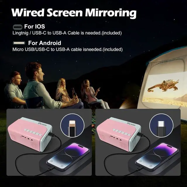Alt view image 2 of 6 - Mini Projector, HD 1080P WiFi Video Projector, Portable Projector with Tripod, Gift for Kids, Home Theater Movie Phone Projector Compatible with USB, AV, Smartphone/Tablet/Laptop (pink)