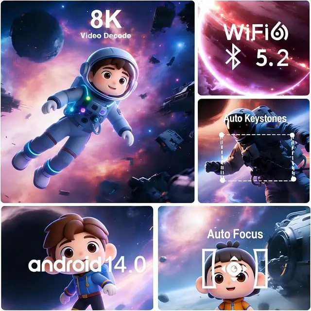 Alt view image 7 of 7 - Native 1080P Projector with Android 14 & Carrying Bag, 270° Rotatable Smart Projector, 5G WiFi BT, Auto Keystone, Support 4K 8K UHD Projector for Outdoor Cinema