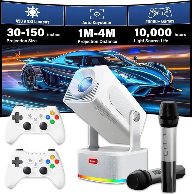 Main image of HCS350 PLUS Portable Video Projector with WiFi & Bluetooth - 1080P & 450 Ansi, Gaming, KTV & Cinema 3 Modes in 1, with 20000+ Games, Rechargeable Mic & Bluetooth Voice Remote & Gaming Controller
