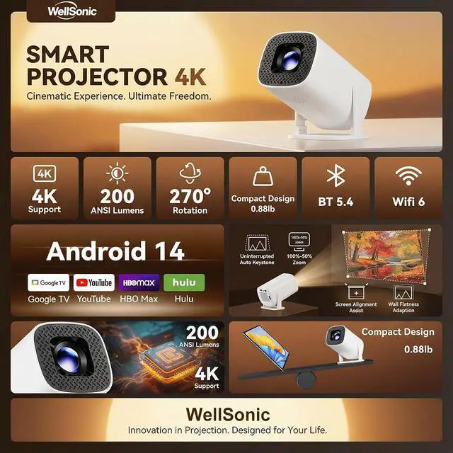 Alt view image 3 of 7 - Mini Projector with Wifi and Bluetooth, Portable Projector Outdoor&Ceiling Use,Build-in Android 14, Auto Keystonet&270°Rotatable, 4k Home Thearter Movie Projector for HDMI USB
