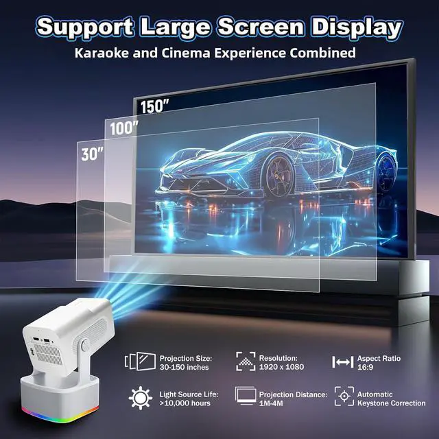 Alt view image 7 of 7 - HCS350 PLUS Portable Video Projector with WiFi & Bluetooth - 1080P & 450 Ansi, Gaming, KTV & Cinema 3 Modes in 1, with 20000+ Games, Rechargeable Mic & Bluetooth Voice Remote & Gaming Controller