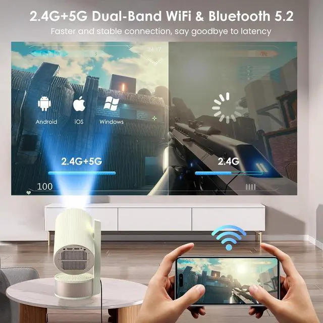 Alt view image 3 of 7 - Projector with WiFi and Bluetooth, Support 1080P 4K, 270°Rotatable Portable Projector with Autofocus and Auto Keystone, Home Projector with HIFI Stereo Sound for TV Stick, Laptop, PC, Phone (White)