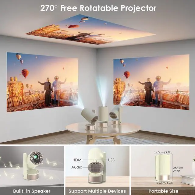 Alt view image 4 of 7 - Projector with WiFi and Bluetooth, Support 1080P 4K, 270°Rotatable Portable Projector with Autofocus and Auto Keystone, Home Projector with HIFI Stereo Sound for TV Stick, Laptop, PC, Phone (White)