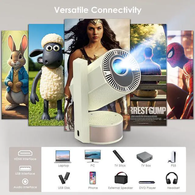 Alt view image 2 of 7 - Projector with WiFi and Bluetooth, Support 1080P 4K, 270°Rotatable Portable Projector with Autofocus and Auto Keystone, Home Projector with HIFI Stereo Sound for TV Stick, Laptop, PC, Phone (White)