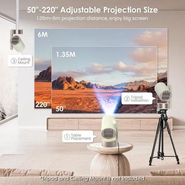Alt view image 6 of 7 - Projector with WiFi and Bluetooth, Support 1080P 4K, 270°Rotatable Portable Projector with Autofocus and Auto Keystone, Home Projector with HIFI Stereo Sound for TV Stick, Laptop, PC, Phone (White)